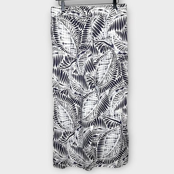 TAHARI navy/white leaf print 100% linen wide leg crop pull on pants size large - Picture 3 of 6